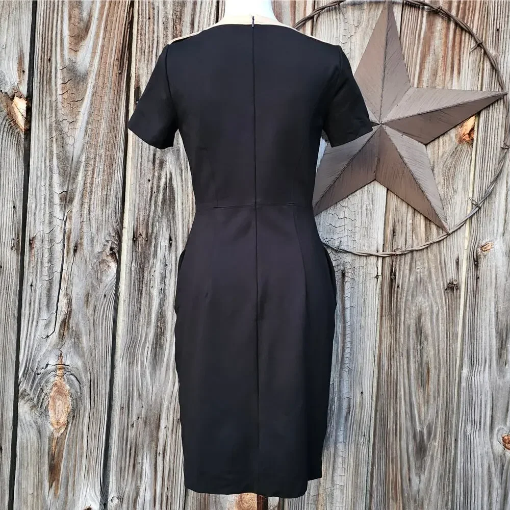 Black Knit Dress Tan Contrast Trim Epaulet Brooks Brothers Size 2 Stretch Pocket - Picture 3 of 9